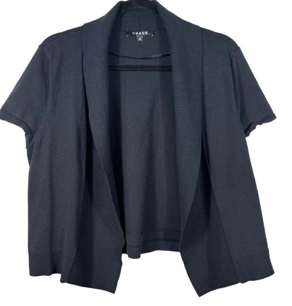 CHAUS Black Short Sleeve Ribbed Cardigan Sweater Size XL
